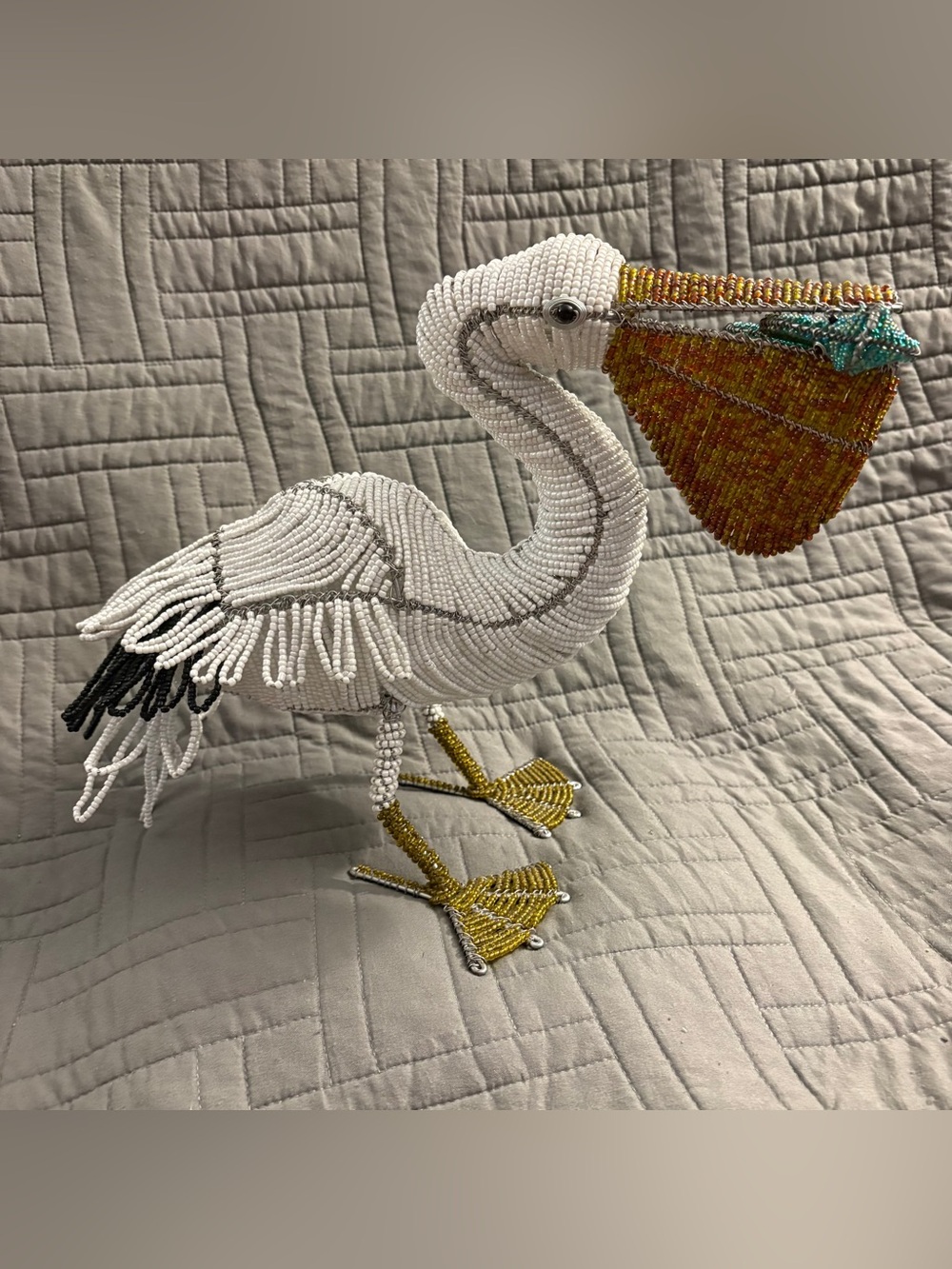 Beadworx Wire & Glass Seed Bead Pelican Bird Figure Fish Sculpture Coastal